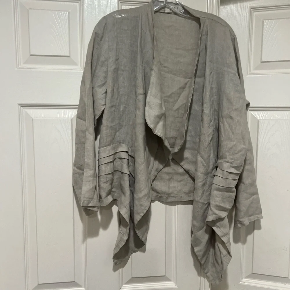 SAGA Women Sz M Blazer Cardigan Linen Lightweight Open Front Gray Lagenlook Boho